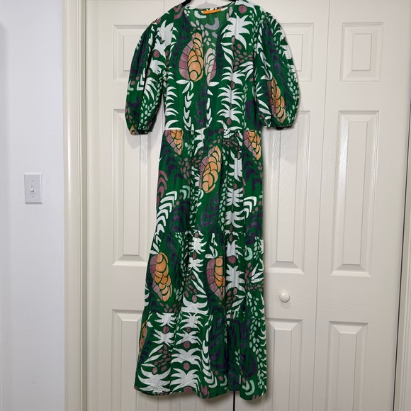 Oliphant Puff Sleeve Floral Maxi Dress Grenadine Green Pink Size Large - Picture 3 of 9